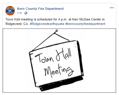 CEDRdigital's tweet image. Town Hall meeting is scheduled for 4 p.m. at Kerr McGee Center in #Ridgecrest, CA. #Ridgecrestearthquake #kerncountyfiredepartment