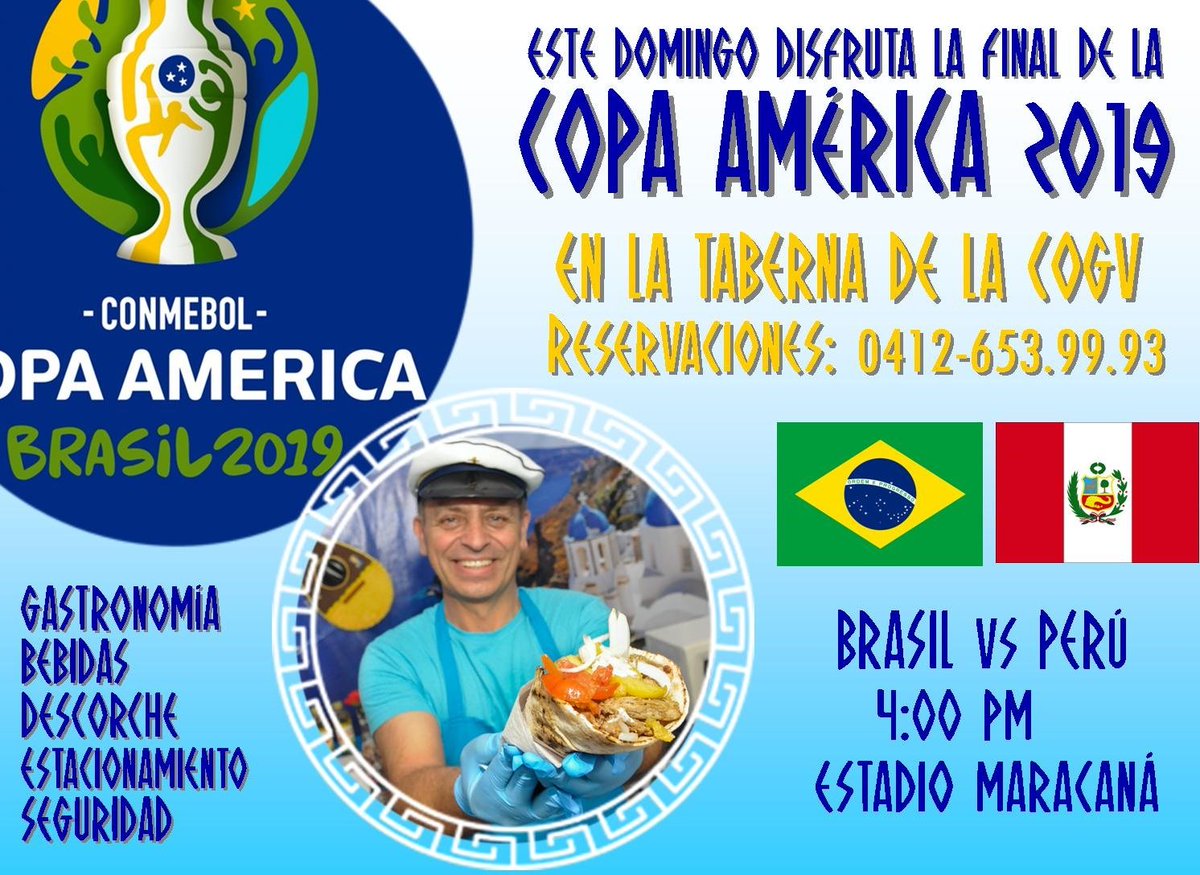 ParisElGriego's tweet photo. ¿El mejor lugar para ver el juego Brasil vs Perú? La #Taberna de la #COGV con exquisita comida, entradas, bebidas, cerveza bien fría, descorche, estacionamiento y vigilancia. @ParisElGriego les invita a esta divertida y emocionante fiesta deportiva 0412-653.99.93 #CopaAmérica2019 https://t.co/jGb2nk9Kzl
