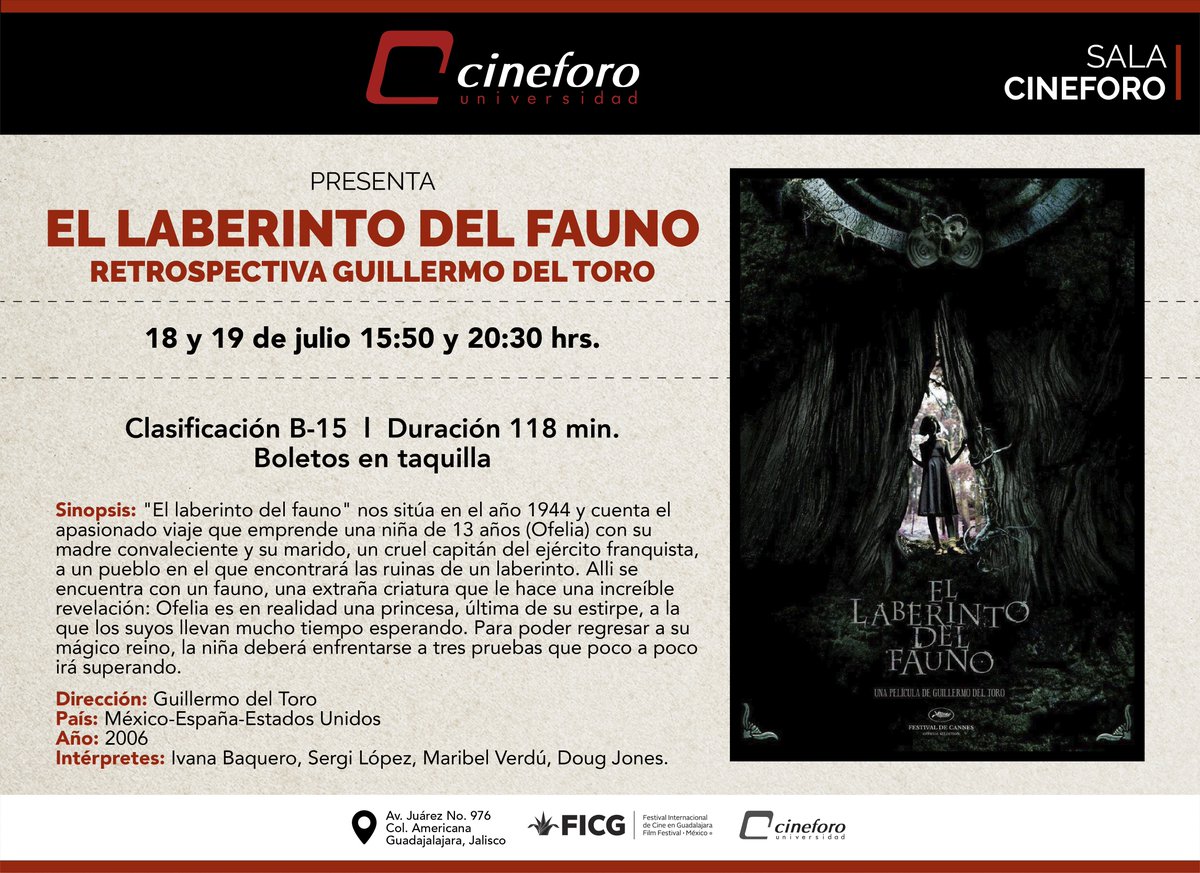 CineforoUdeG's tweet photo. La #SalaCineforo trae para ti #ElLaberintoDelFauno, esta película acumuló 97 premios, entre los que figuran tres Oscares en las categorías de Cinematografía, Dirección de Arte y Maquillaje.

18 y 19 de julio 15:50 y 20:30 hrs.

Boletos 🎟 en taquilla. https://t.co/zGg9VELE6r