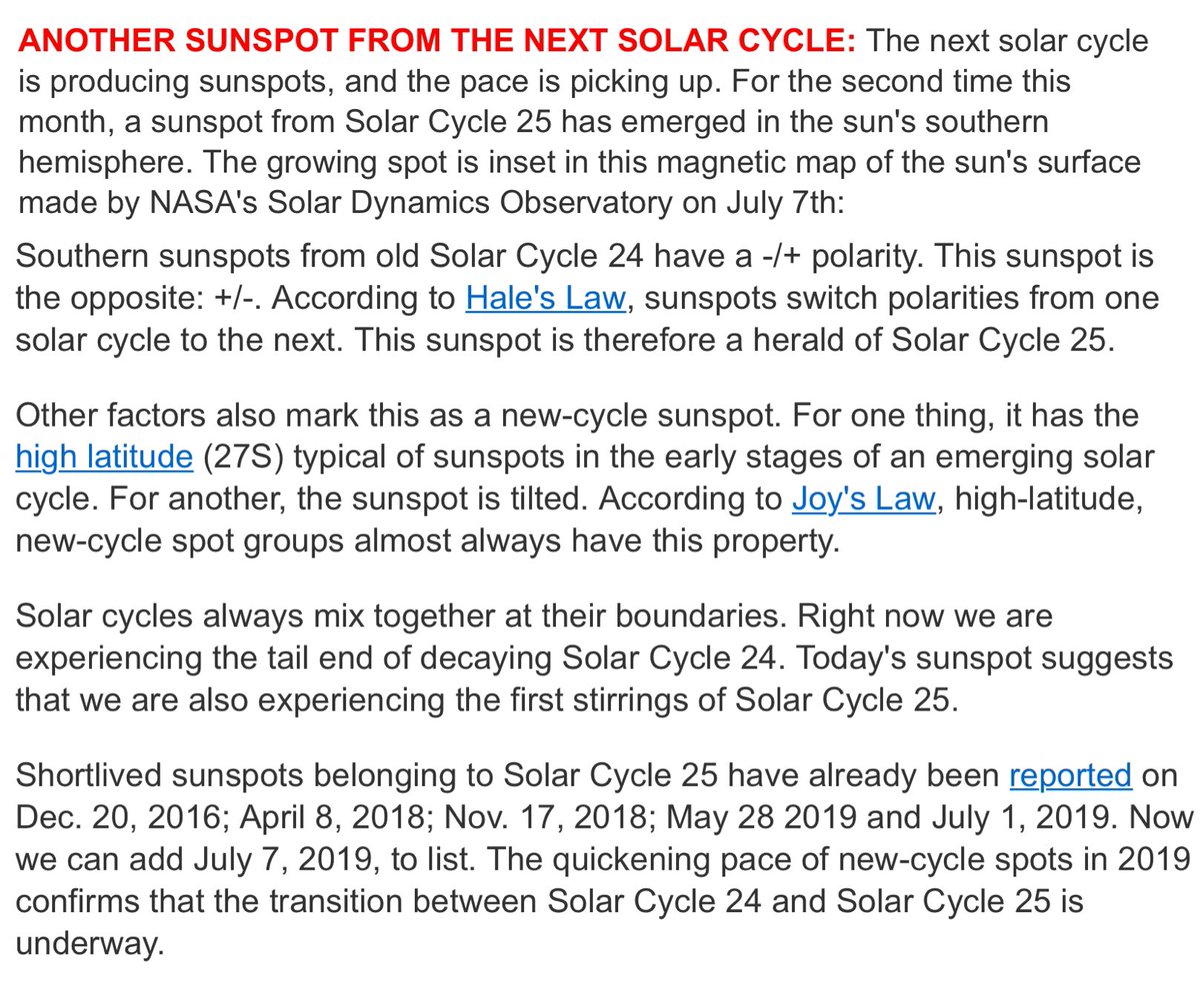 ClimateRealists's tweet photo. Tony Phillips: The next solar cycle is producing sunspots, and the pace is picking up. For the second time this month, a sunspot from Solar Cycle 25 has emerged in the sun's southern hemisphere.... https://t.co/maLiF4EKIL https://t.co/0lrPt2AhT5