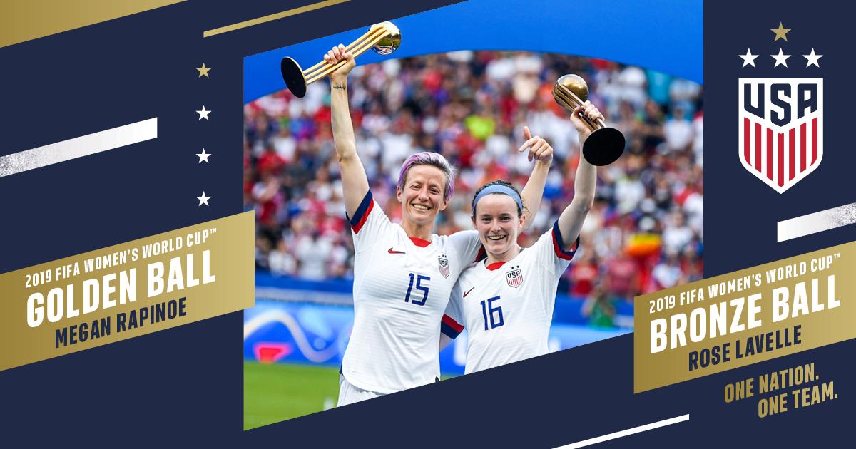 USWNT's tweet photo. W⚽W.

Your #FIFAWWC Golden Ball and Golden Boot recipient, @mPinoe. 
@roselavelle earns the Bronze Ball, and @alexmorgan13 earns the Silver Boot. https://t.co/vS8ErCKJxb