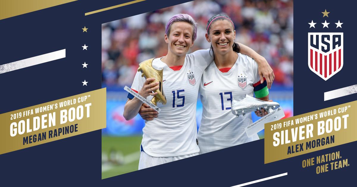 USWNT's tweet photo. W⚽W.

Your #FIFAWWC Golden Ball and Golden Boot recipient, @mPinoe. 
@roselavelle earns the Bronze Ball, and @alexmorgan13 earns the Silver Boot. https://t.co/vS8ErCKJxb