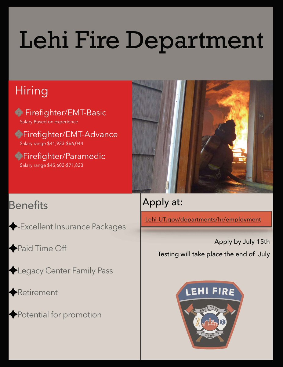 Come be a part of something great, become a Lehi Firefighter. Apply before July 15 at:  lehi-ut.gov/departments/hr…