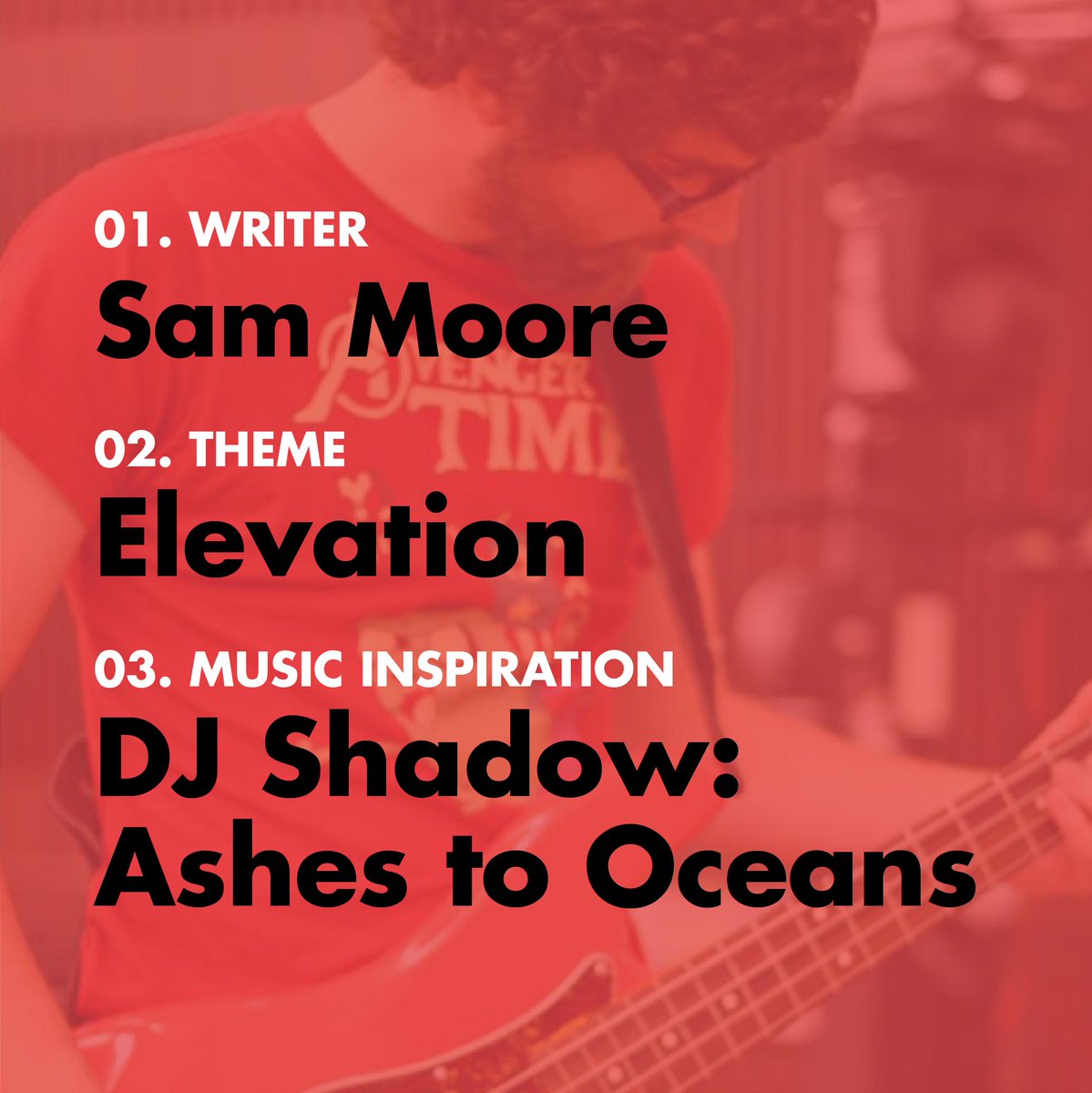 WordsAnd_Music's tweet photo. 01. Writer: Sam Moore
02. Theme: Elevation
03. Music Inspiration: DJ Shadow: Ashes to Oceans

https://t.co/CeIQru5GZD

#djshadow #ashestooceans  #elevation #wamc #creativewriting #writingclub #writerscommunity #writerslife #sammoore https://t.co/jlUuTsHXZc