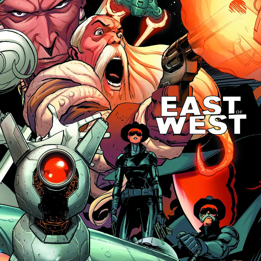 Heroes_ComicCon's tweet image. Hoy queremos recomendaros un cómic, #EastOfWest. Esta historia de Jonathan Hickman y Nick Dragotta nos presenta un futuro distópico donde 7 Gobiernos quieren provocar el fin del mundo y paradójicamente, uno de los famosos jinetes del Apocalipsis, pretende evitarlo.