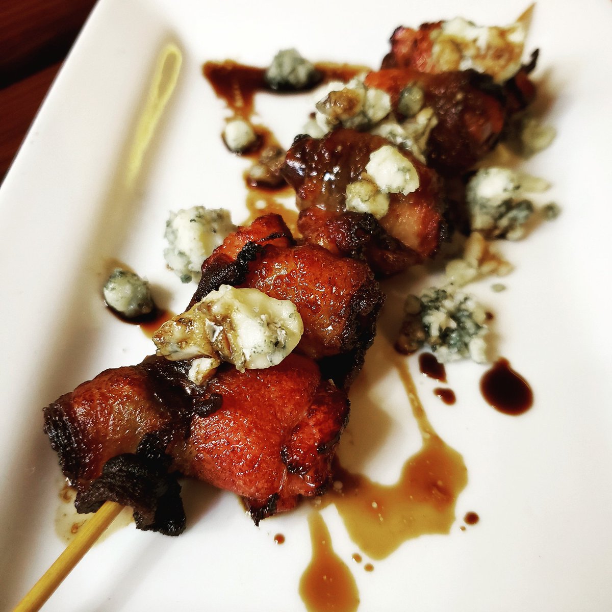 Bacon wrapped Dates just one of three appy choices from our $20 three course menu: Five sweet dates wrapped in bacon &amp; fried. Topped with crumbled Blue Cheese &amp; drizzled with balsamic reduction. #yyj #victoriabc #yyjfood