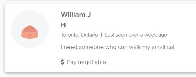 I can walk your small cat, William. I have 0 experience, but I'm willing to learn   #oCanada