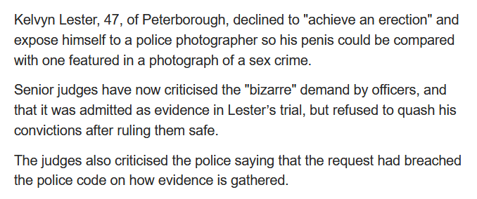 Recently, police demaned to take pics of a 17-year-old's genitals as part of an abuse case. When the defendant refused (as he legally was able to), the state used it against him w/ judge telling jury they could "draw an adverse inference" by his refusal. Sr. judges criticized it.