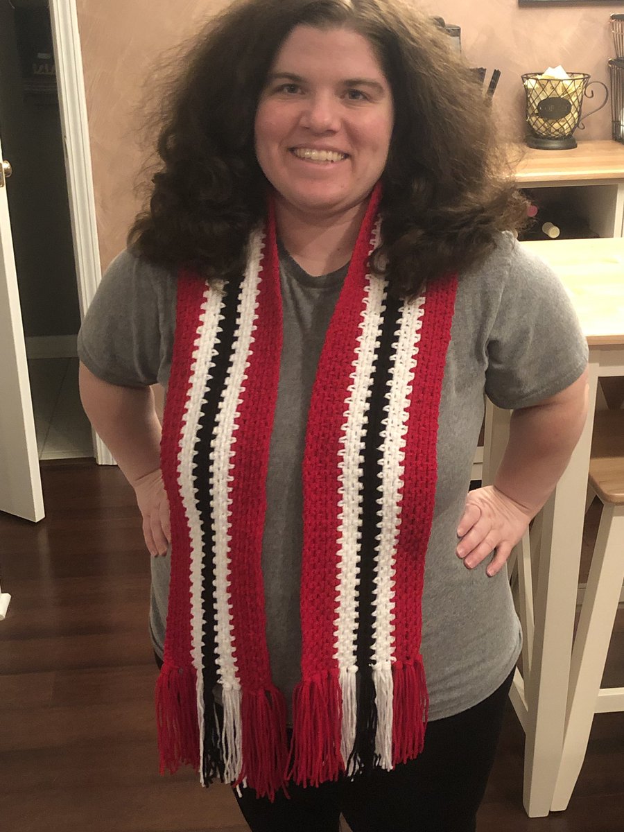 xLittleCaitlinx's tweet photo. Prepped and ready for @NHLCanes and @CheckersHockey hockey season with this new scarf mom made for me today ππ Excuse my very poofy hair...welcome to summer in North Carolina! π #TakeWarning #humiditystinks https://t.co/fqfjP0D7zS