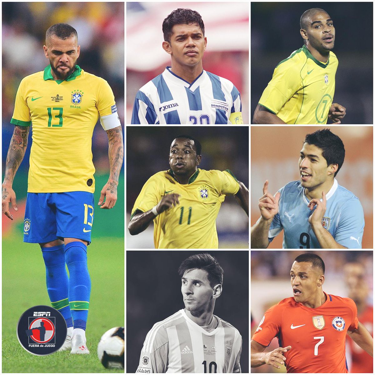 ESPN_FDJ's tweet photo. ¡Los últimos MVPs de la #CopaAmerica! 😎

🇭🇳 2001: Amado Guevara
🇧🇷 2004: Adriano
🇧🇷 2007: Robinho
🇺🇾 2011: Luis Suárez
❌ 2015: Vacante (Lionel Messi rechazó el premio)
🇨🇱 2016: Alexis Sánchez
🇧🇷 2019: Dani Alves https://t.co/eEJwLa2SbK