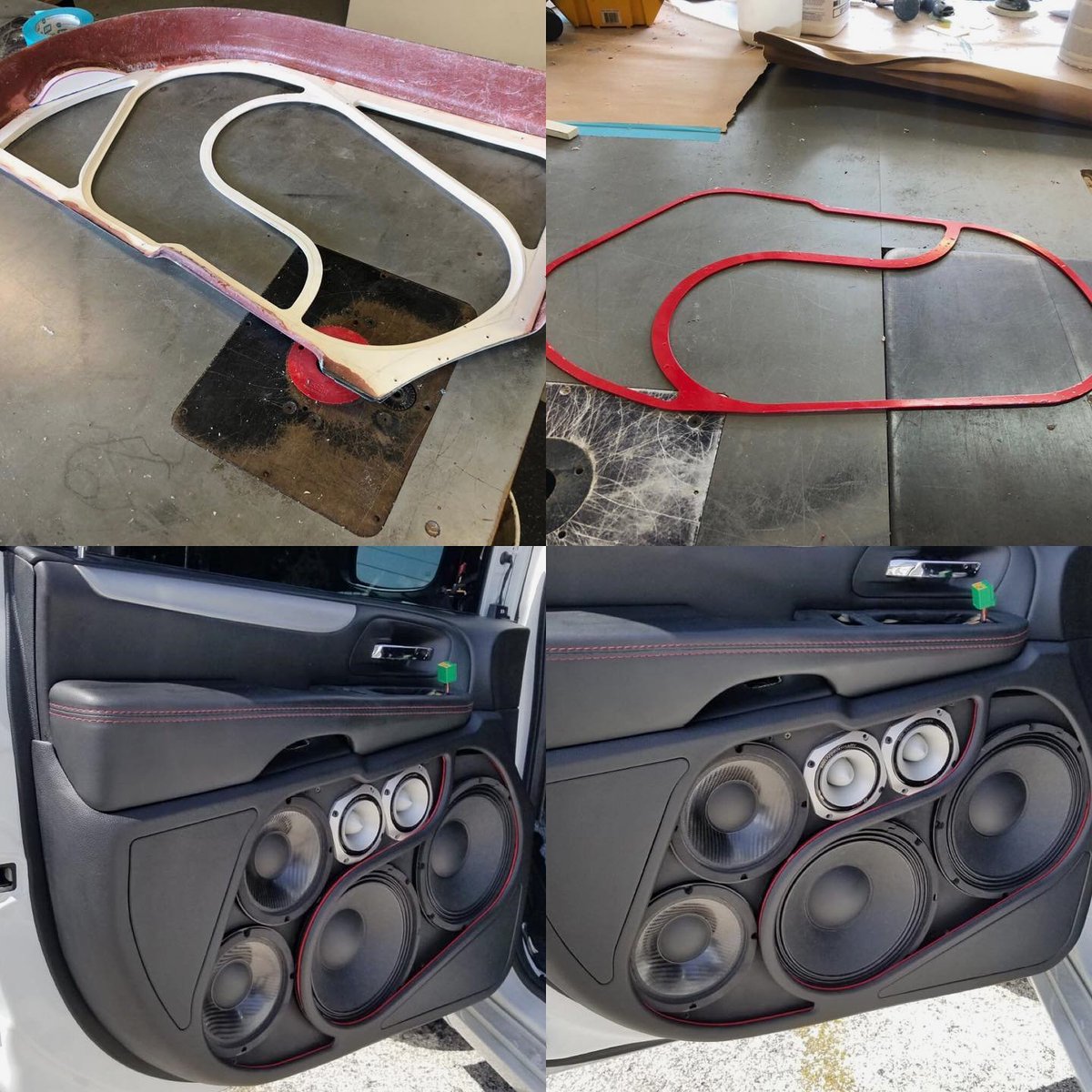 More continued progress pics of the caravan beyma build. The factory armrest has red stitching so we sandwiched a this layer of acrylic and wrapped it with red lettering vinyl. Just a subtle touch, makes all the difference. #blvdaudio #beyma #loud #lakeland #blvdmasterchin #facto