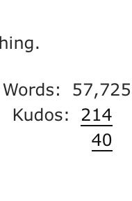 by the way my Getting Over Stupid Ratios story was i got fucked up because my 2k yuri on ice fic got 4 digit kudos but when i moved on to a smaller fandom i spent a month writing 57k words and got 200+ kudos. i was bitter as fuck for maybe 3 months? 4? but what rlly helped