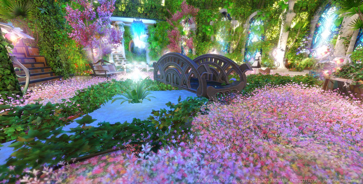 みうぶらう ぐんぐにる Noraさんの新作 イルメグハウス No3 入って右側には滝が流れる湖があって 湖を見下ろすようにガゼボがあります マーブルパテを使い高床にした下にはお花畑が こういう演出がnoraさんらしい シヴァの 水場やステンドの光