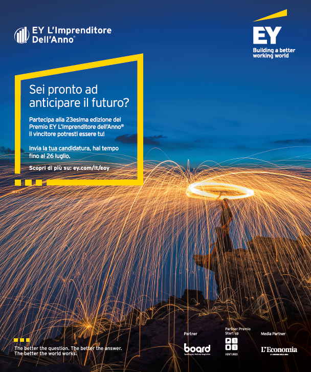 EY_Italy's tweet photo. Da oltre 20 anni premiamo le più belle storie #madeinitaly. Raccontaci la tua! Invia la tua candidatura per la XXIII edizione #EYImprenditore, hai tempo fino al 26 luglio: https://t.co/c1g9rkRc0j https://t.co/lJ7kz3acvb