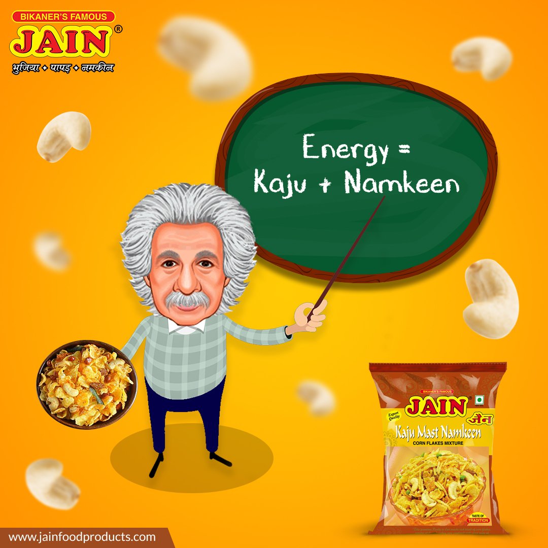 jainfoodproduct's tweet photo. Bhook ke mamle me Einstein ka ye formula kabhi fail nahi hota!

#JainNamkeens #Namkeen #KajuMastnamkeen #Chai #Snack #Kaju #jains #energy #jainfoodproducts #bikaner #bikanerfamous #namkeen #delicious #special #tasty #jain https://t.co/QKBASbm0eT