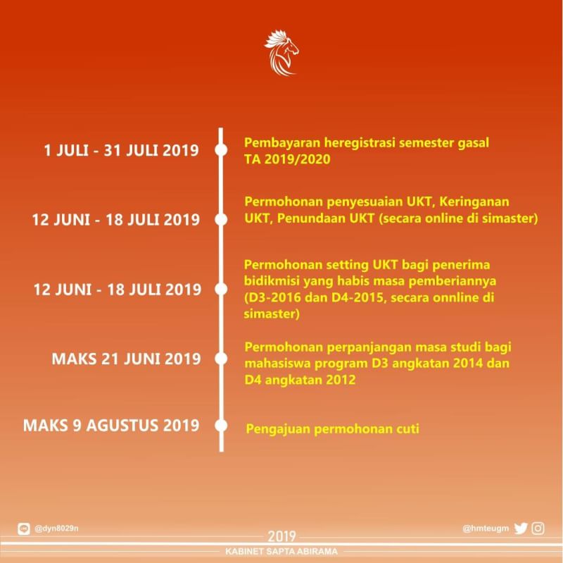 [INFO HEREGISTRASI SEMESTER GASAL TA 2019-2020]

Hello guys!!

Berikut ada info heregstrasi semester genap nih!! Catat tanggal dan waktunya ya :)

.
.
.

Kabinet Sapta Abirama
HMTE UGM 2019