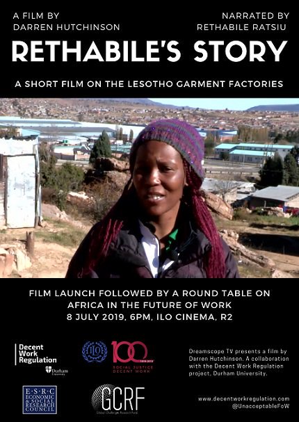 UnacceptableFoW's tweet photo. Today at 6pm at @ILO #RDW2019 we will be launching Rethabile's Story, a short film on life in the Lesotho garment factories. From the @GCRF @ESRC Decent Work Regulation in Africa project. More at: https://t.co/QMlSPdZPAM. https://t.co/eonjTAjcMt