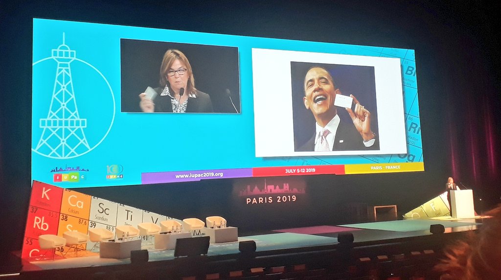 ClaudiaBonfio's tweet image. Great plenary lecture @IUPAC2019Paris given by Prof Angela Belcher, who brought Periodic Table cards for young chemists... @BarackObama got one, and I want it as well!!! #IUPAC2019 #YoungChemists #WomenDoItBetter