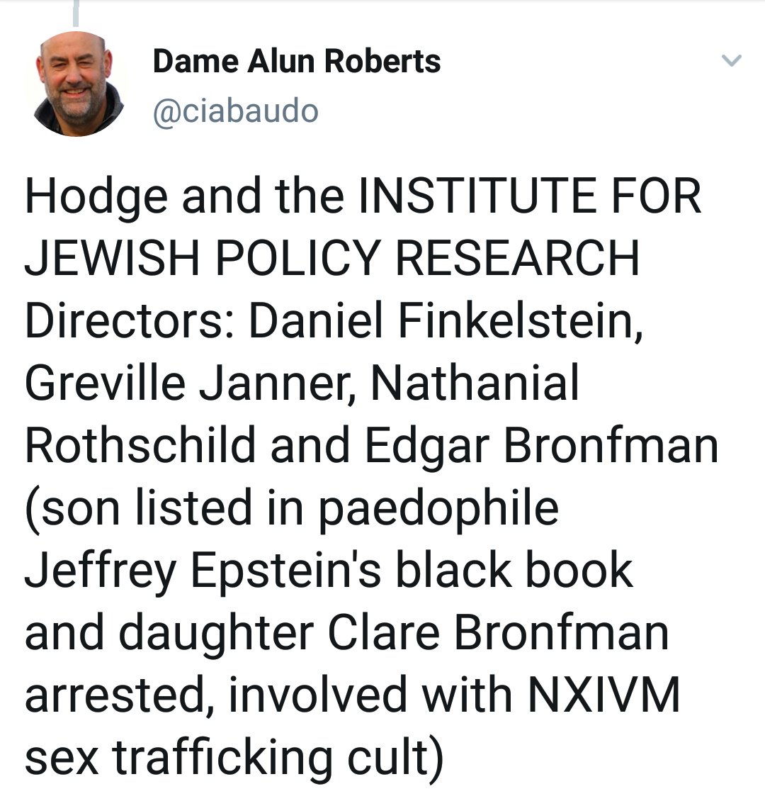 The actor Nigel Havers is the son of Michael Havers. His step-daughter is Clare Bronfman, heavily implicated in the NIXVM cult. Her brother Edgar Jr. appears on Epstein's list. Edgar Sr. was director of the Institute for Jewish Policy Research.  https://threader.app/thread/1026923031757815808