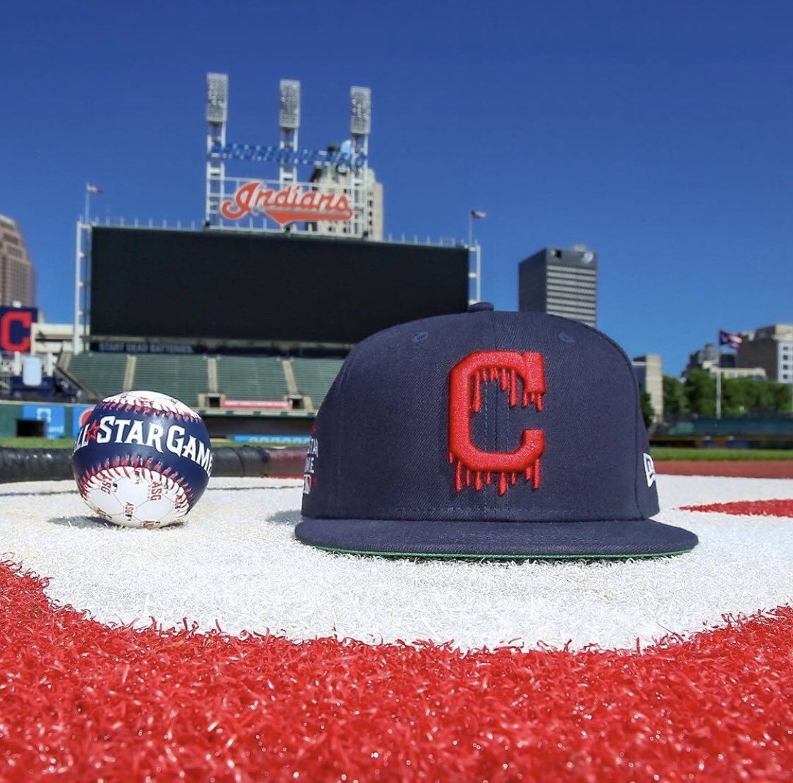 AndrewRenick's tweet photo. A bloody "C" logo for a team that call themselves the "Indians". To some this may seem to celebrate some of America's darkest moments. Pretty tone deaf move @Indians @mlb @NewEraCap @KidCudi #AllStarGame @AmericanIndian8 https://t.co/7hFVjTUJ0f