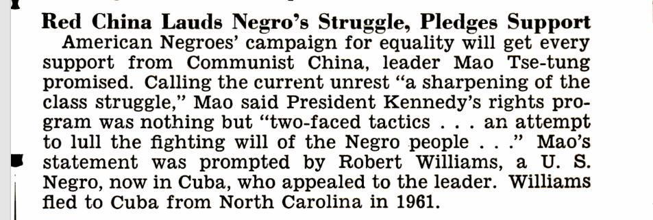 Black people really are the biggest stunts and I live for it. Imagine not only fleeing the country that oppresses you, but also meeting with that country's enemies. Robert Williams hanging out with Mao exposed some of America's contradictions to the world