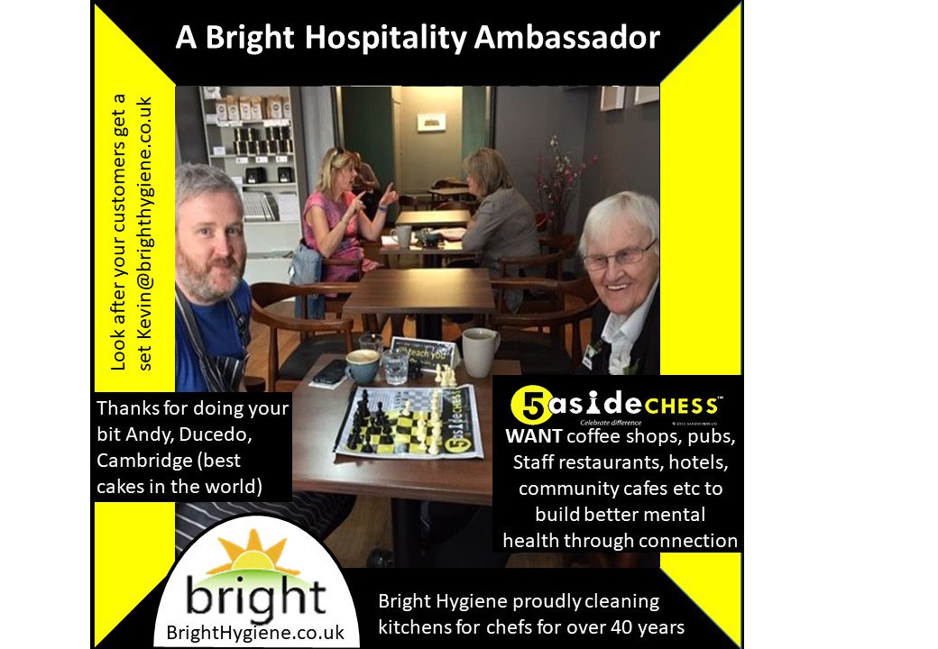 Bright_Hygiene's tweet image. Clash of the titans with Master Patissier Andy VS 5asideCHESS Master Jim, thank you for making a difference!! One game at a time....your 1st move is hello!!
#callingall #cafes #pubs #coffeeshops #cakes #chefstalk #5asidechess #battlingsuicidetour