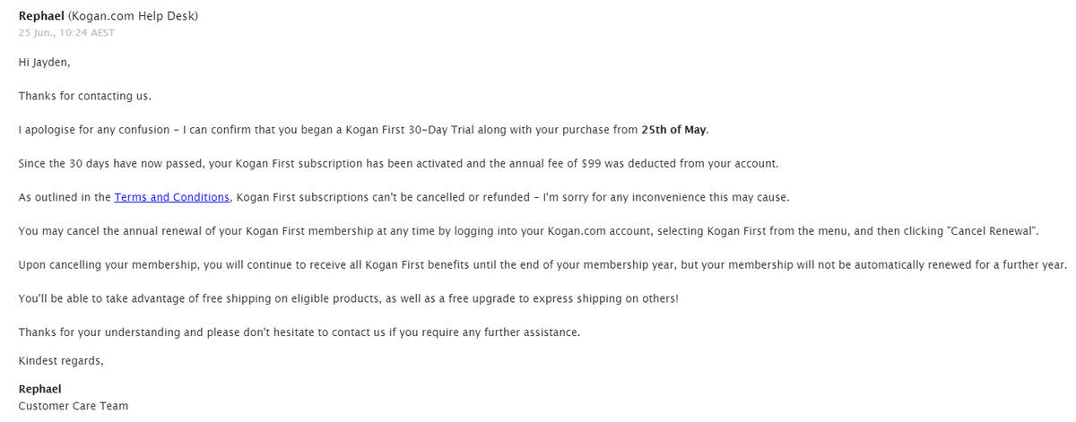 Jkee14's tweet photo. @Kogan To be honest, I'm pretty disappointed with Kogan's support.  I did not manage to cancel Kogan First in time and it charged $99.  I asked support for an immediate cancel and refund but they refused.  I had the same problem with @Spotify but atleast they were super helpful. https://t.co/WUHR1MVTq3