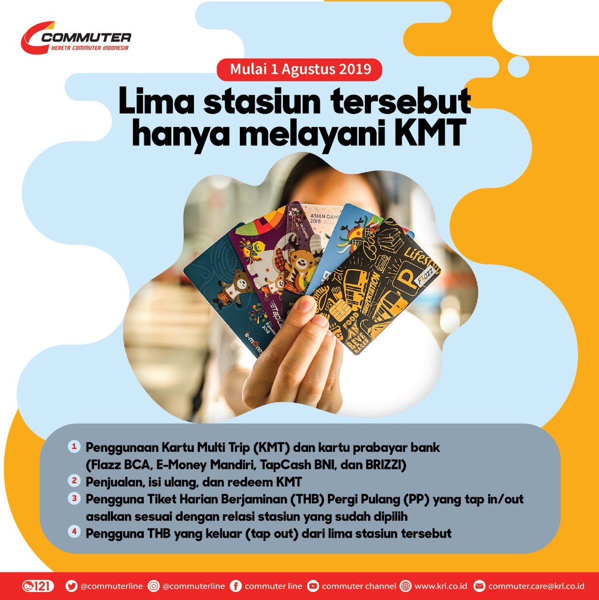#RekanCommuters dg semakin banyaknya pengguna KMT &amp; sbg dukungan utk mewujudkan program "cashless society" dari pemerintah, maka mulai 1 Agustus 2019 lima stasiun (Sudirman, Palmerah, Cikini, Taman Kota, &amp; Univ. Indonesia) hanya menerima transaksi dg KMT &amp; kartu keluaran bank.