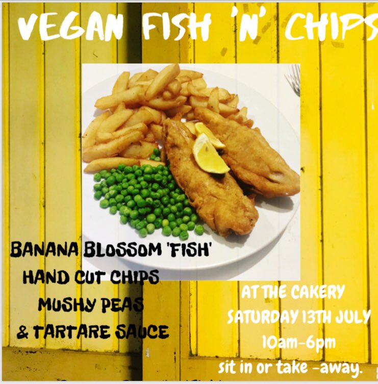 This Saturday, alongside our usual selection of cakes we will be frying up some vegan fish ‘n’ chips . Sit In and enjoy it with @bearclawberwick beer, followed by a sweet cakery treat or as a teatime takeaway with our extended opening hours.  🌱