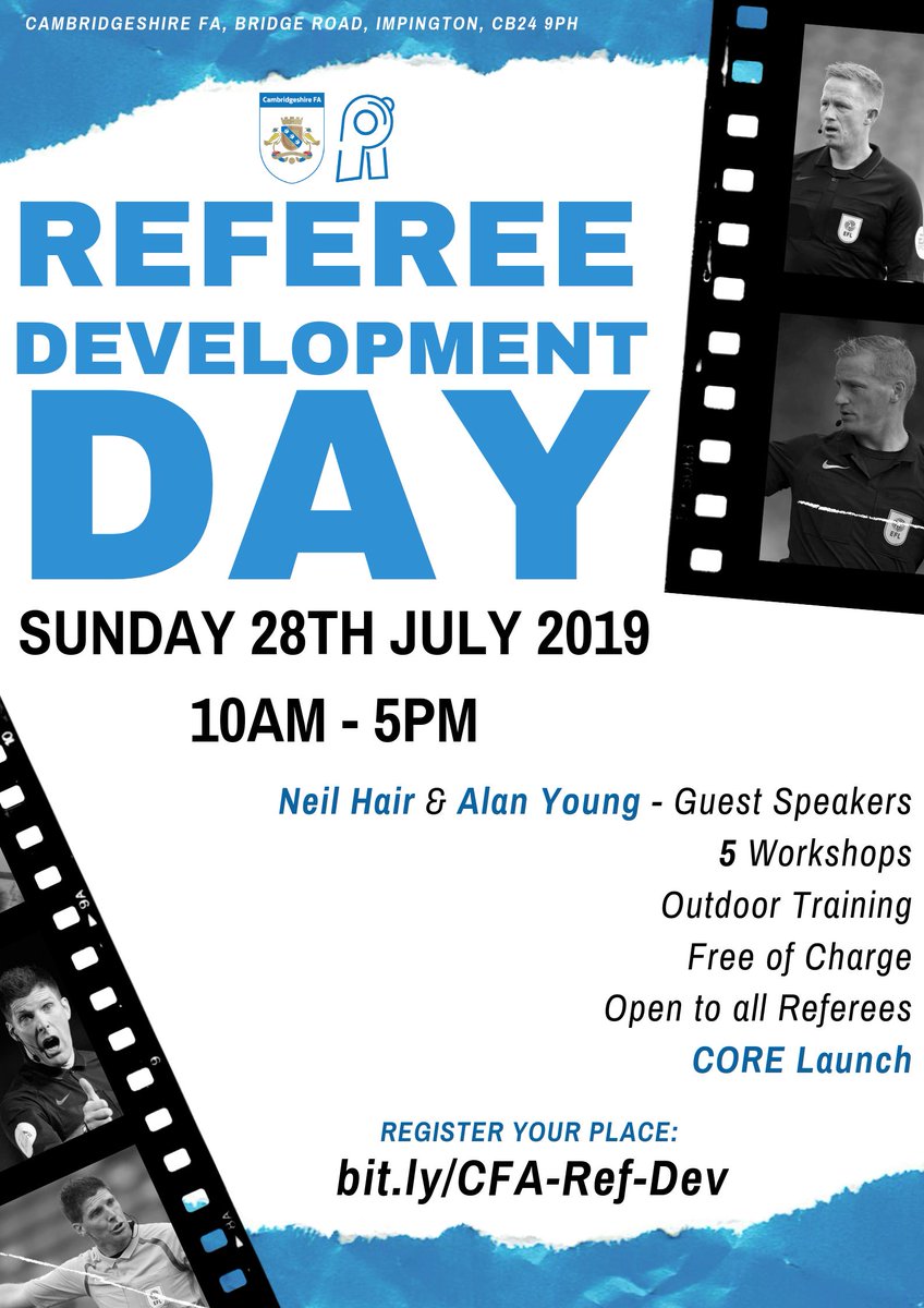CambsFAReferees's tweet image. REF DEVELOPMENT | A Referee Development Day will be hosted on 28th July 2019 for ALL @CambsFA match officials in order to best prepare yourself for the new season.

We will also be hearing from @HuntsFA's Neil Hair &amp;amp; @BedsFA's Alan Young. 

Register HERE:  bit.ly/CFA-Ref-Dev