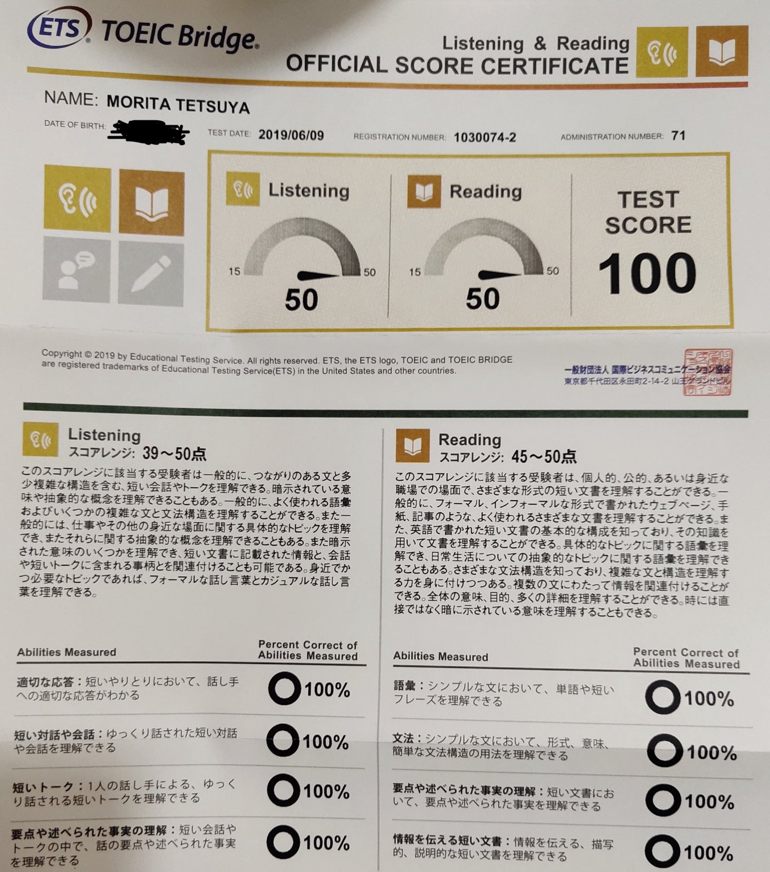 Morite2 もりてつ 新しくなったtoeic Bridge L Rの結果が届きました 100点満点のテストになってる 本家toeicは脱退したけどbridgeは後に4技能入試に参戦してきそうな予感が T Co C7pcy3gu4a Twitter