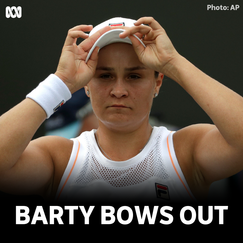 abcsport's tweet photo. #BREAKING

💔🎾 Ash Barty has lost her Fourth Round match at @Wimbledon to American Alison Riske.

🇦🇺 Barty was pushed to the test by Riske before going down in three sets 3-6, 6-2, 6-3.💚💛

#AshBarty #Barty #Wimbledon #BartyParty #GoAussies @TennisAustralia https://t.co/MA0RBqobJR