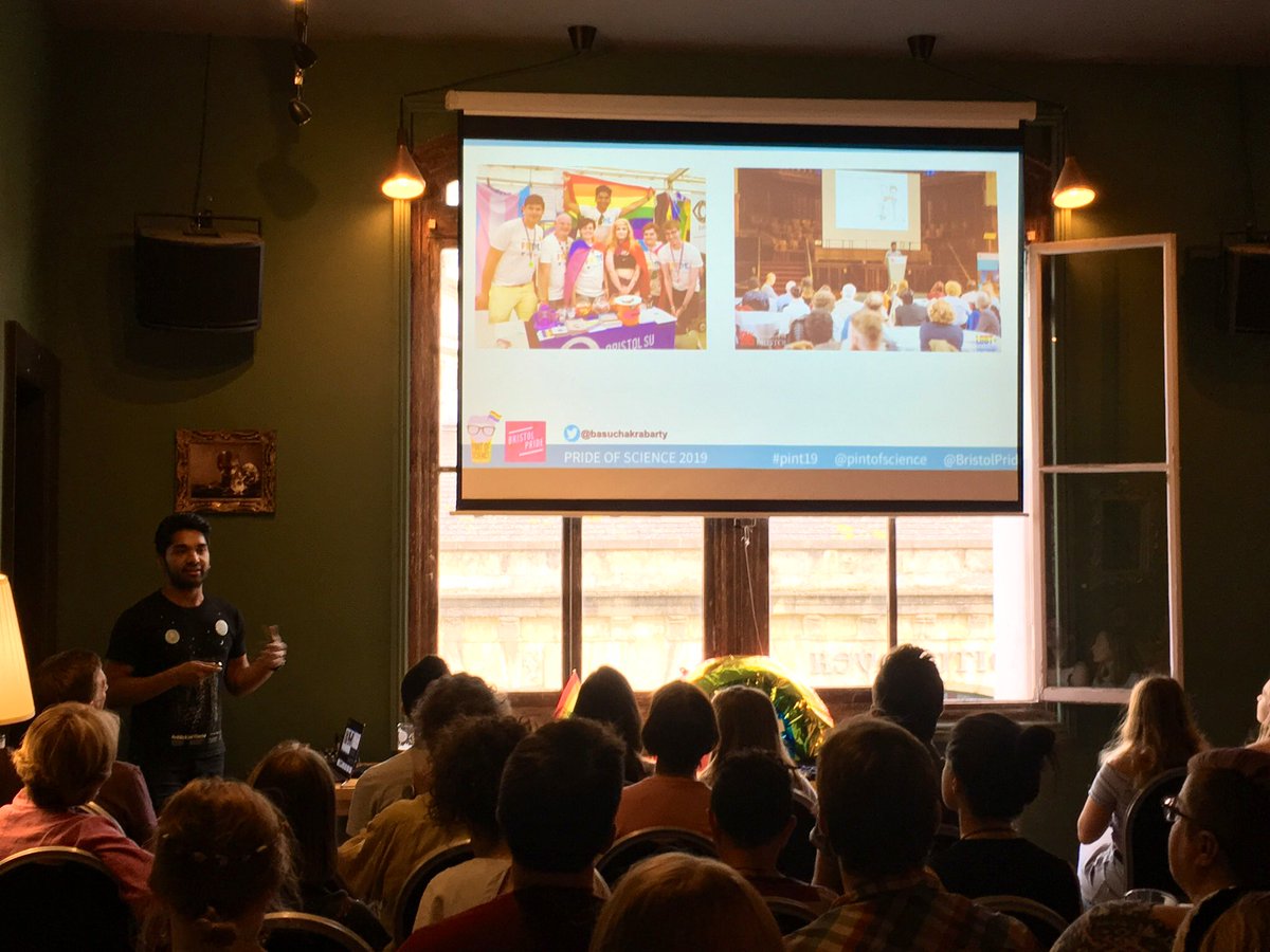 LucyMMcGowan's tweet photo. Thanks all the lovely folks who came to support our @BristolPride of Science event on Friday. After 2 years, 10 events and more beers than I can count, it’s time for me to put down my @pintofscience glass as Bristol city coordinador. What a perfect event to finish on! 🧠🍻🏳️‍🌈👋🏻 https://t.co/ymG5ehRjMK
