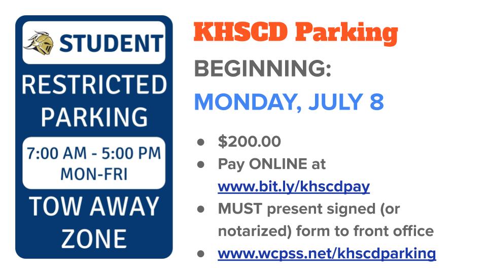 KnightdaleHS's tweet photo. Purchase a Parking or Off-Campus Lunch Pass beginning, Monday, July 8 #KHSCDAnd https://t.co/aEfmToOgZe or https://t.co/tftytIGj7x for details @KHSCDPrincipal @SPORTSatKHS @KHSCD_PTSA @KHSCDCounselors https://t.co/YcnaZoSzvL