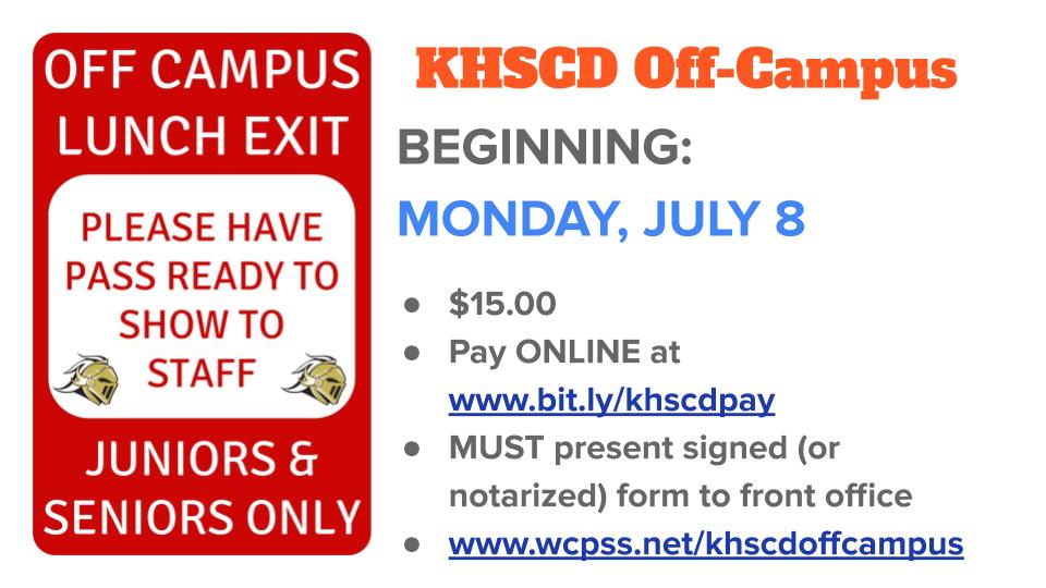 KnightdaleHS's tweet photo. Purchase a Parking or Off-Campus Lunch Pass beginning, Monday, July 8 #KHSCDAnd https://t.co/aEfmToOgZe or https://t.co/tftytIGj7x for details @KHSCDPrincipal @SPORTSatKHS @KHSCD_PTSA @KHSCDCounselors https://t.co/YcnaZoSzvL