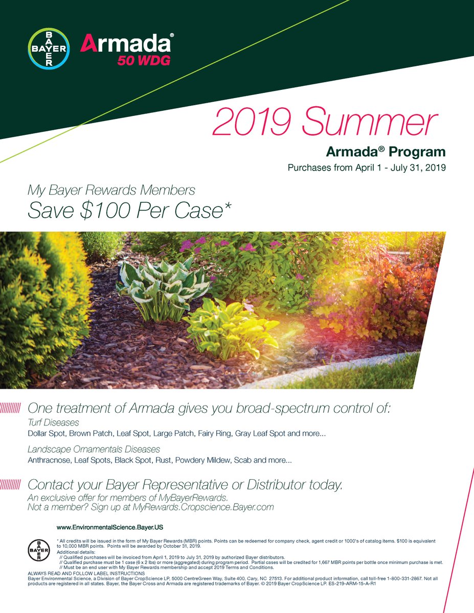 Three more weeks to save $100 per case on #Armada fungicide from <a href="/BayerLawn/">Bayer Lawn</a>! Excellent for many turf and ornamental diseases (Brown Patch,Dollar Spot, Large Patch, Leaf Spot, Powdery Mildew)