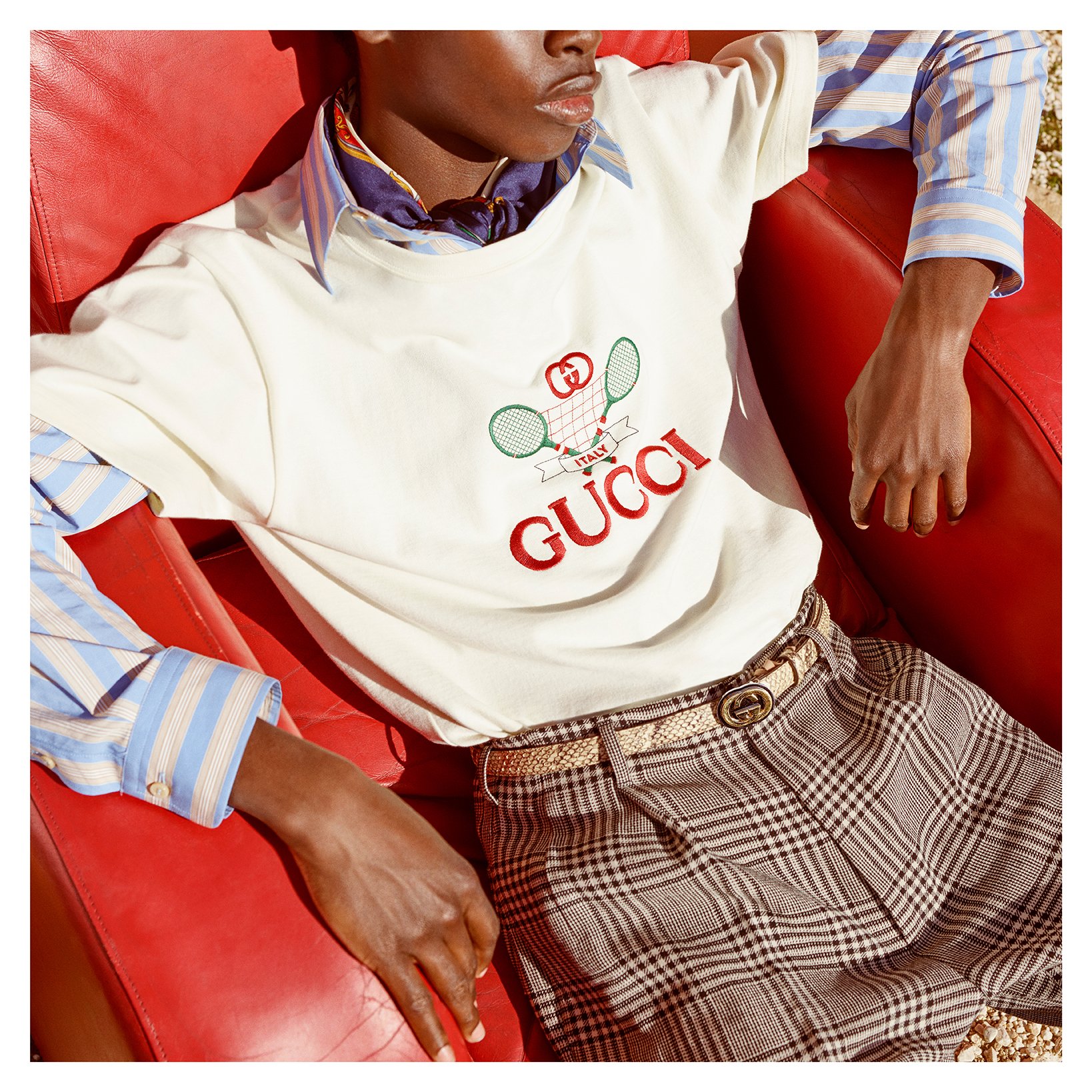 gucci Twitter: "A new theme seen the #GucciPreFall19 collection takes its from the archives, a country club inspired embroidery with tennis rackets which details an oversized T-shirt. Discover