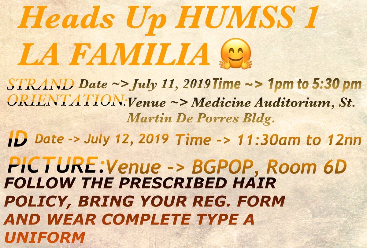 12HUMSS1's tweet photo. HELLO THERE @11USTHUMSS1 FAMILY! Hereβs our ganap for July 11 and 12!! π€π. This is the start of our UST JOURNEY! Lez go!!
#UST #USTSHS #USTET2019 #USTHUMSS #USTSHSHUMSS #USTHUMSS1 #UST11HUMSS1 #USTSHS11HUMSS1 #GoUste #USTORIENTATION #RAWR π―π―ππ https://t.co/TvYBgTlYGq