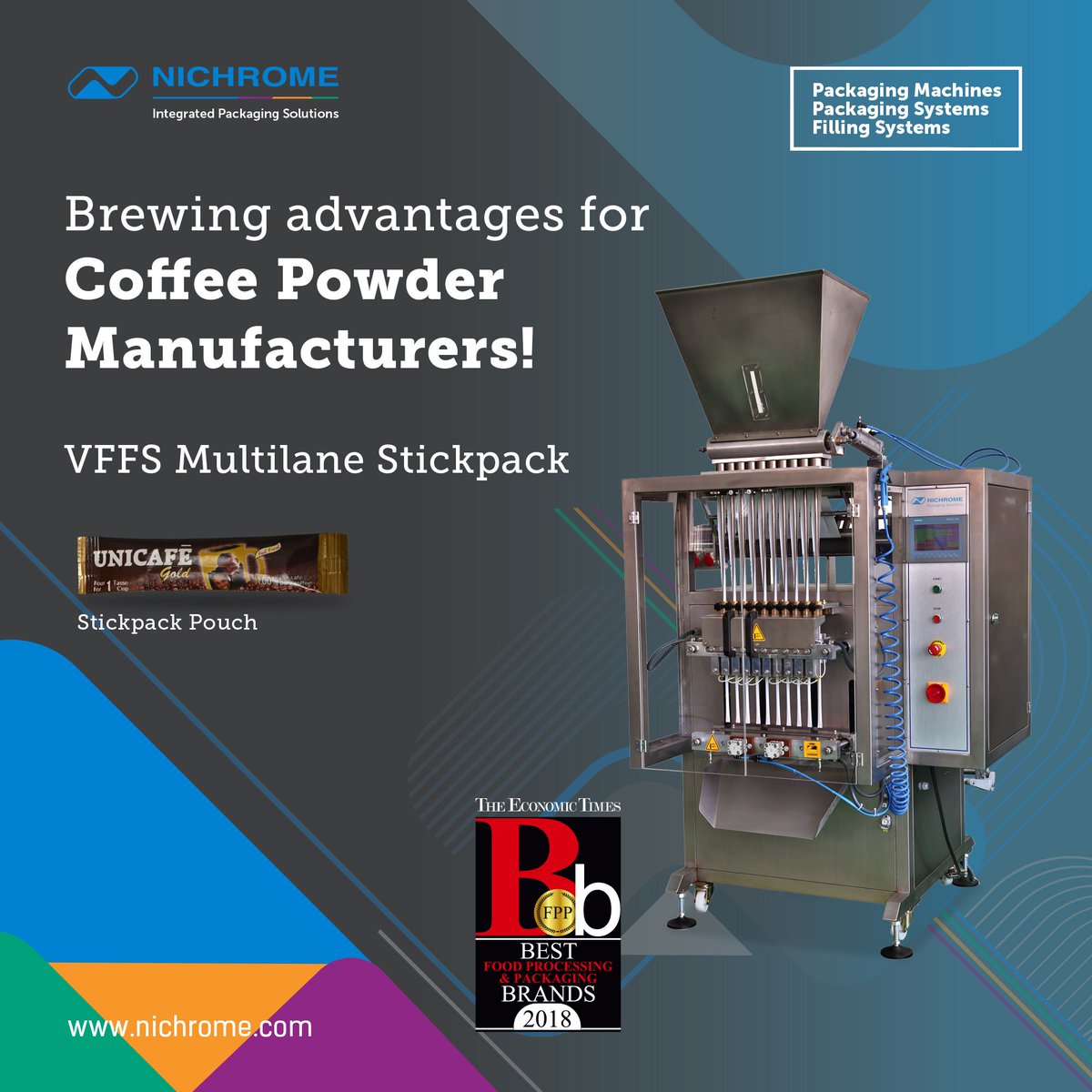 Multilane Stickpack with Multi Head Servo Auger Filler is the popular choice for precise & efficient coffee #packaging in convenient, single-serve stickpacks. #Nichrome also offers secondary packaging and end-to-end integrated packaging solutions. #EndToEndIntegratedPackaging