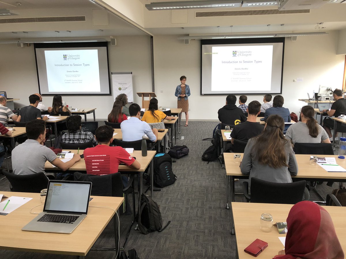 rolandkuhn's tweet image. Now in Leicester: Ornela Dharda kicking off the #BehAPI summer school with an introduction to session types.