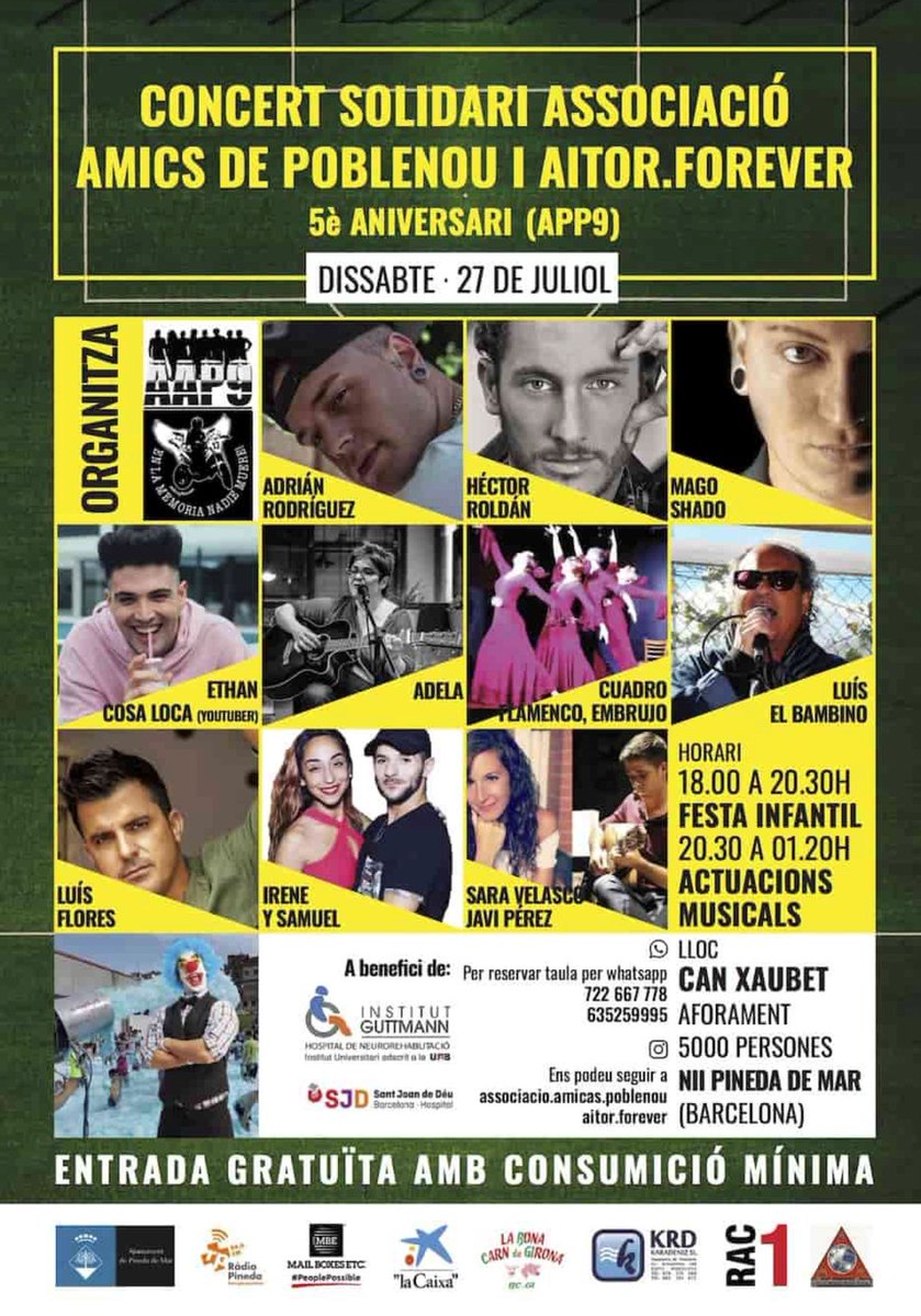 INSTITUT GUTTMANN (@iguttmann) on Twitter photo L'Associació Amics de Poblenou i Aitor Forever organitzen un #concertsolidari en benefici a <a href="/SJDbarcelona_ca/">Hospital Sant Joan de Déu Barcelona CAT</a> i <a href="/IGuttmann/">INSTITUT GUTTMANN</a> 😁🙏
Tallers i espectacles per a petits i actuacions musicals, de màgia i youtubers per a més grans.
🗓️27 de juliol
Entrada gratuïta. Us esperem! 🎶😀 L'Associació Amics de Poblenou i Aitor Forever organitzen un #concertsolidari en benefici a <a href="/SJDbarcelona_ca/">Hospital Sant Joan de Déu Barcelona CAT</a> i <a href="/IGuttmann/">INSTITUT GUTTMANN</a> 😁🙏
Tallers i espectacles per a petits i actuacions musicals, de màgia i youtubers per a més grans.
🗓️27 de juliol
Entrada gratuïta. Us esperem! 🎶😀