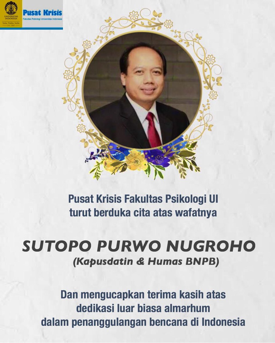 HIDUP SEBAGAI SANG PENENANG

Bpk. Sutopo Purwo Nugroho

Kami segenap keluarga besar Pusat Krisis FPsi UI turut berbelasungkawa atas wafatnya Pak Topo. Selamat jalan Pak, semoga bakti untuk Ibu Pertiwi dibalas dengan sebaik-baiknya rahmat oleh Sang Pencipta Alam dan Semesta.