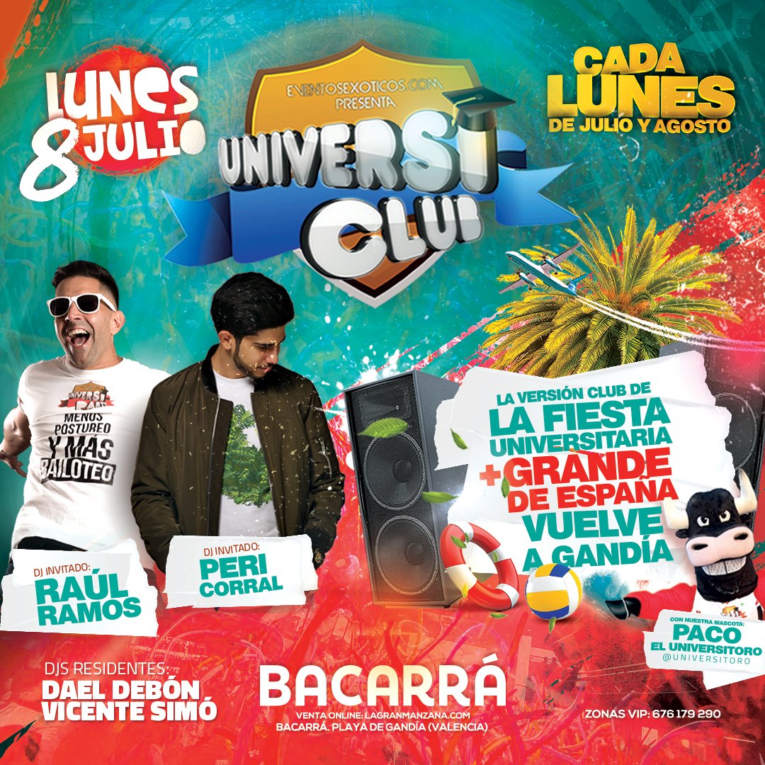 #HOY continuamos con la revolución del verano en Gandia. 💥💥
Comenzamos la semana dándolo todo en la fiesta UniversiClub, la fiesta universitaria más grande de España. 

#Bacarra #Playa #Gandia #Valencia #HastaElAmanecer #LaGranManzana