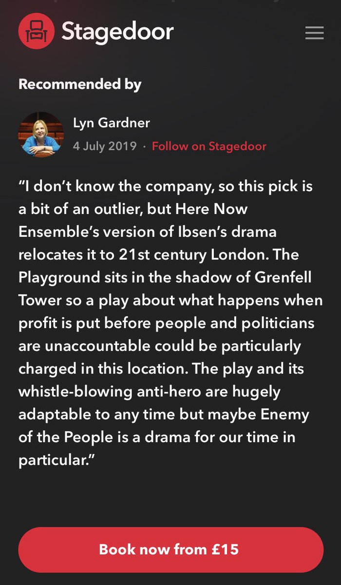 EnemyPlayLondon's tweet photo. @lyngardner Thanks for the recommendation! We’d love it if you were able to make it down to the theatre yourself. We run for another couple of weeks. Would be great to see you there! @PlaygroundW10 #AnEnemyOfThePeople #Ibsen #drama #theatre @StagedoorLDN #LynGardner https://t.co/uMbWtvm4I2