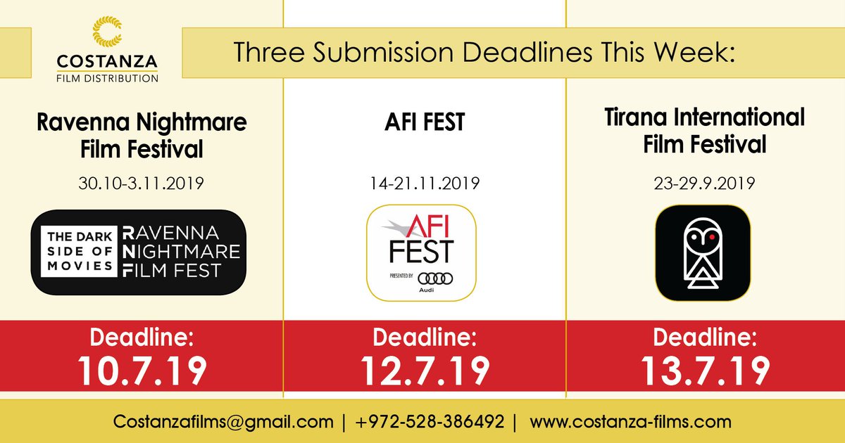 Three upcoming deadlines you might want to know about:
#Ravenna Nightmare Film Festival
@AFIFEST 
@TiranaFilmFest 
Goodluck! 
#Filmdistribution @Filmfestival