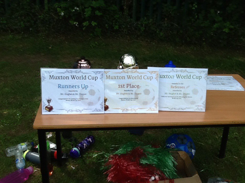 MuxtonPriSports's tweet photo. Well done to Germany in our Muxton World Cup who beat Nigeria 2-1 in the final. The whole school thoroughly enjoyed watching the match and chanting for their team. And also a big thank you to Sally who came and presented the trophy and certificates to our teams. @TWSSP https://t.co/e8n3SqzaHy