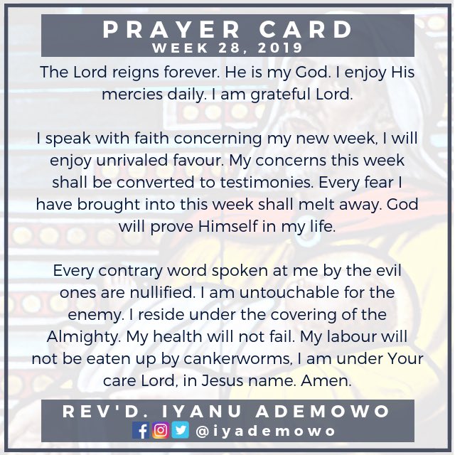 iyademowo's tweet photo. Prayer Card (Week 28, 2019)
• • •
I am under God's care... Riding on the wings of prophecy. Amen and Amen.
• • •
#unrivaledfavor #iamuntouchable  #shielded #grateful #testifier #dailymercies #prayercard #prayer #godlythought #effectualprayer #godlystuffs #valueclass https://t.co/4ubnzZmdB6