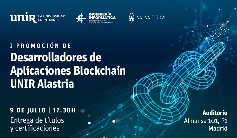 La 1ª promoción de desarrolladores de aplicaciones #blockchain <a href="/UNIRuniversidad/">Universidad Internacional de La Rioja (UNIR)</a> - <a href="/Alastria_/">Alastria Blockchain Ecosystem</a> ya está aquí. Mañana se entregarán los diplomas a los 32 alumnos que han cursado y superado el título de Experto Universitario en Desarrollo de Aplicaciones Blockchain de UNIR.