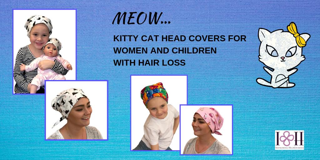 Cat lovers...we have #headcovers for you!  We have several #cat #headscarves for women and children with #hairloss. #childhoodcancerawareness #cancer #chemo #alopecia #alopeciakids #hats #headscarf #chemotherapy #lovemyIHC