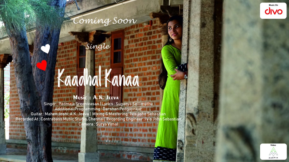 Divo (@divomovies) on Twitter photo #KaadhalKanaa - A soulful single on the voice of <a href="/padmaja0711/">Padmaja Sreenivasan</a>; Music Composed by A.K. Jeeva; is releasing on July 12th at 5PM. Stay Tuned!
Suganya Sellimuthu | <a href="/contrabassmusic/">Contrabass Music Studios</a> | <a href="/ivizzjohn/">Ivis John</a> | AadPix #KaadhalKanaa - A soulful single on the voice of <a href="/padmaja0711/">Padmaja Sreenivasan</a>; Music Composed by A.K. Jeeva; is releasing on July 12th at 5PM. Stay Tuned!
Suganya Sellimuthu | <a href="/contrabassmusic/">Contrabass Music Studios</a> | <a href="/ivizzjohn/">Ivis John</a> | AadPix